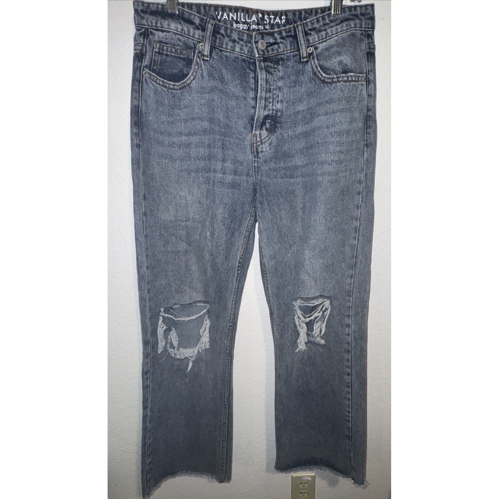Vanilla Star High Rise Baggy Jeans Size 9 Distressed Button Fly Y2K Wide Leg